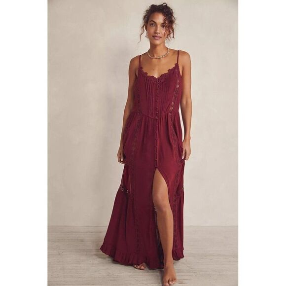 NEW FREE PEOPLE Sz XS KEEP IN TOUCH MAXI SLIP DRESS GARNET RED - Picture 1 of 2